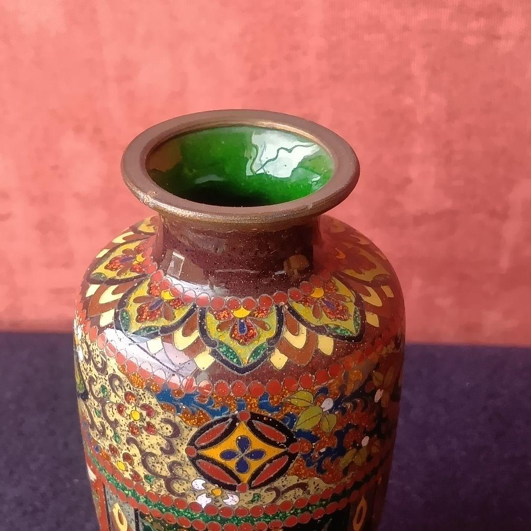 明治〜大正◆アンティーク◆七宝焼◆一輪挿し◆安藤七宝店◆龍朱雀蝶草花紋◆木製台座