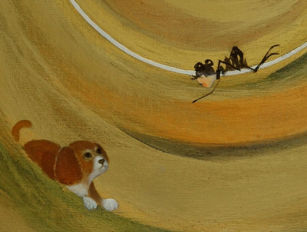 油絵 菅家令子 絵 絵画インテリア額付(白)F6-070119 祈り希望子犬女子