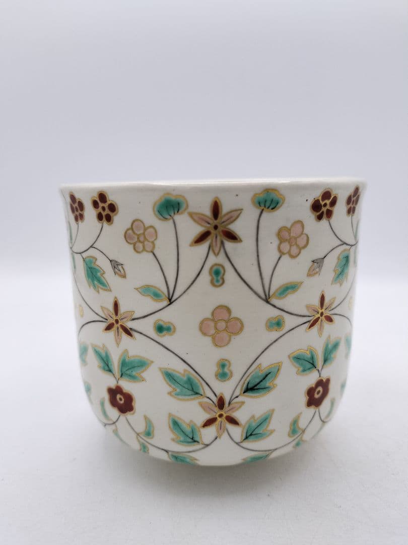 c736 筒茶碗 岸辺の草花 通次阿山 木箱 茶道具 古物