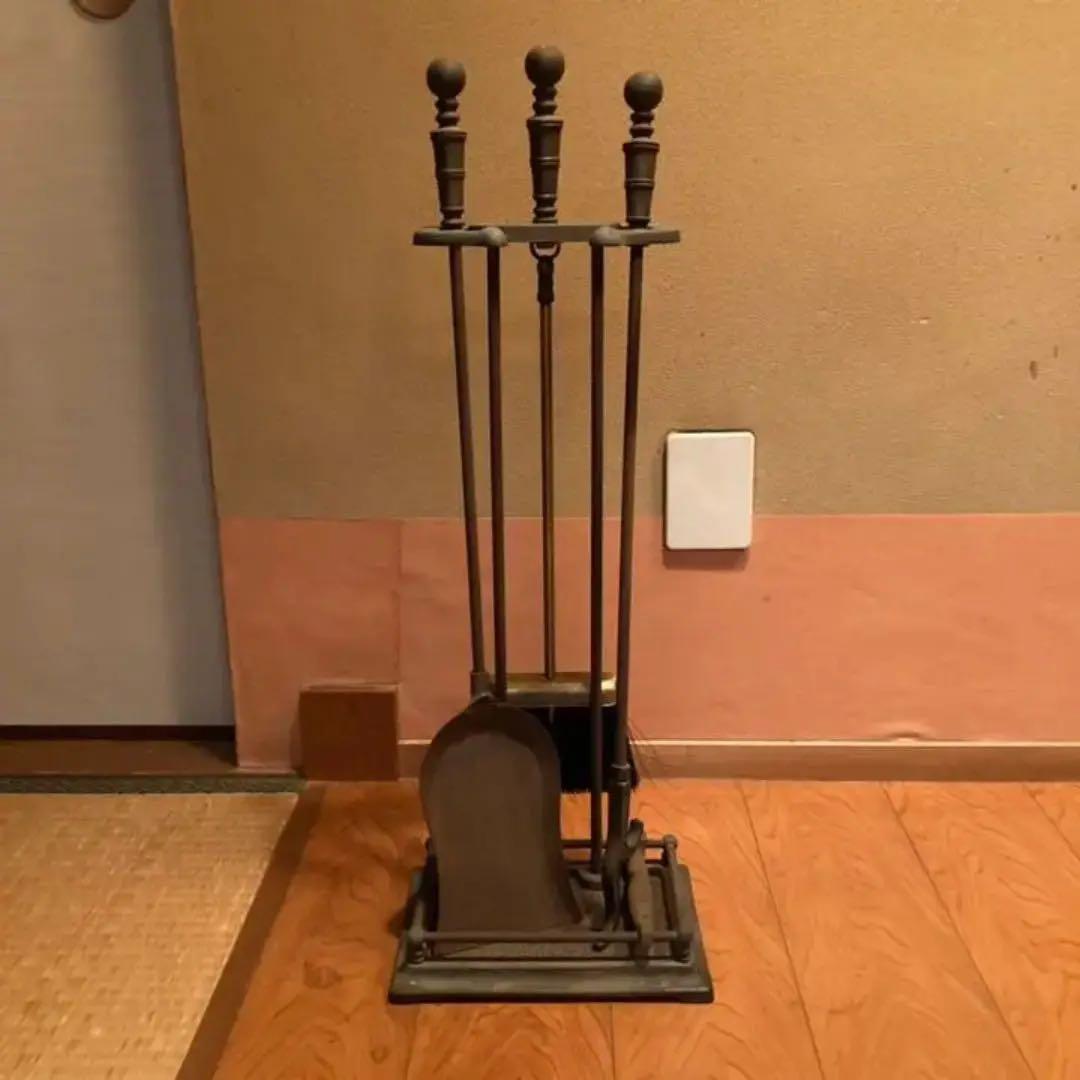 古いファイヤーツールセット 薪ストーブ 暖炉 スタンド 真鍮 鉄製 レトロ
