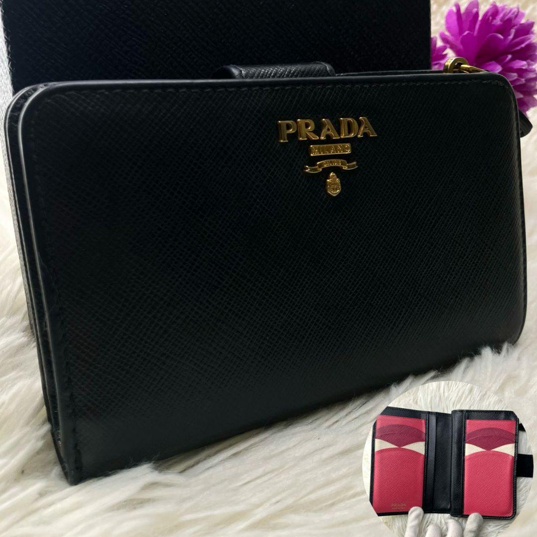 極美品★ PRADA プラダ サフィアーノ レザー ブラック バイカラー