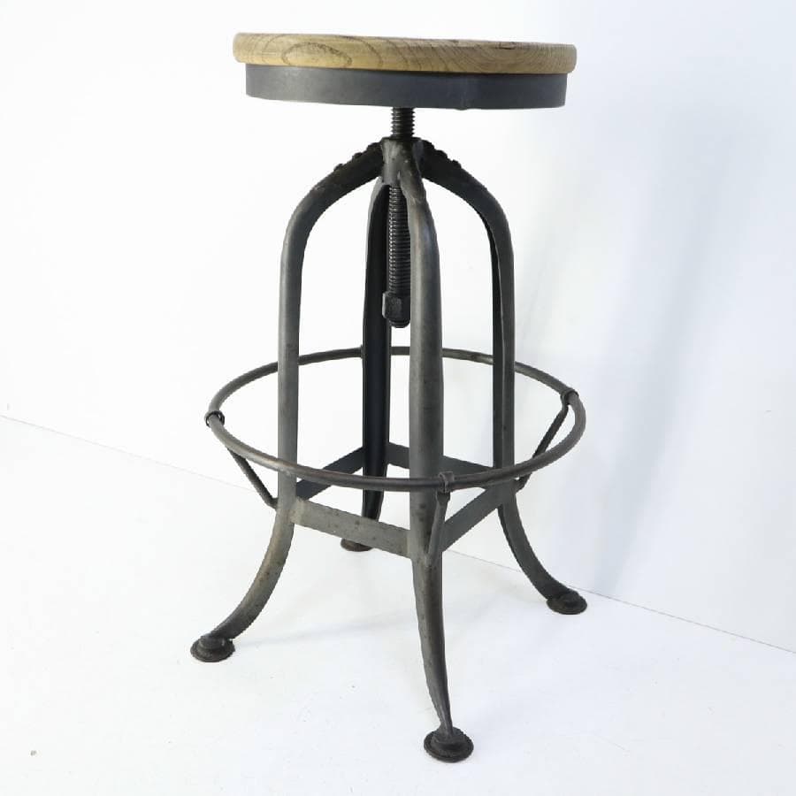 インダストリアル 昇降式 古木シート ハイスツール アイアン脚 足置きあり ④