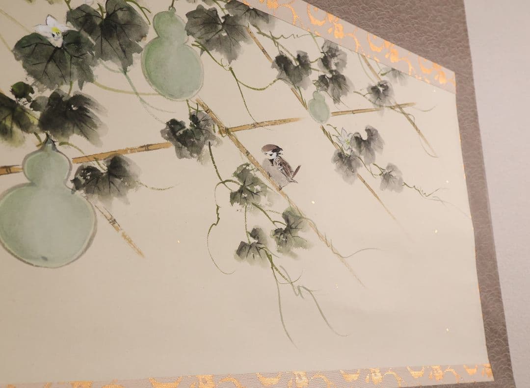 【真作】美品 日本画 田中松泉「瓢箪・雀」彩色 紙本 掛軸 鳥 横物 MA636