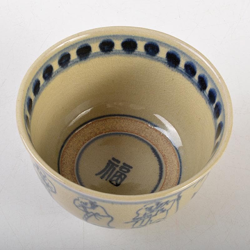 茶道具　膳所焼　淡海ぜぜ　陽炎園造　安南写　七賢人絵　茶碗　共箱　V　6532