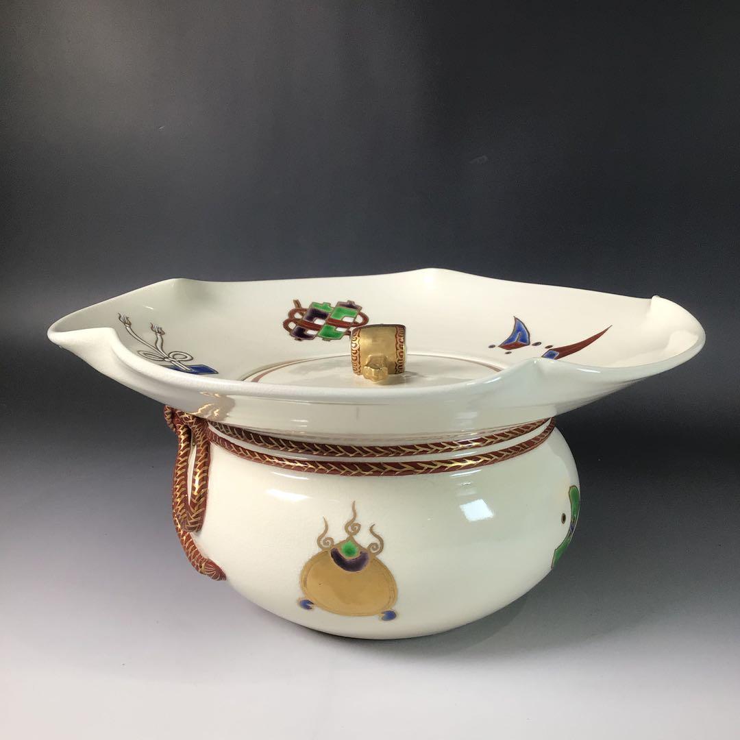 Ｒ８８９　水指　『橋本城岳造』『色絵宝文』『砂金袋水指』　共箱　茶道具