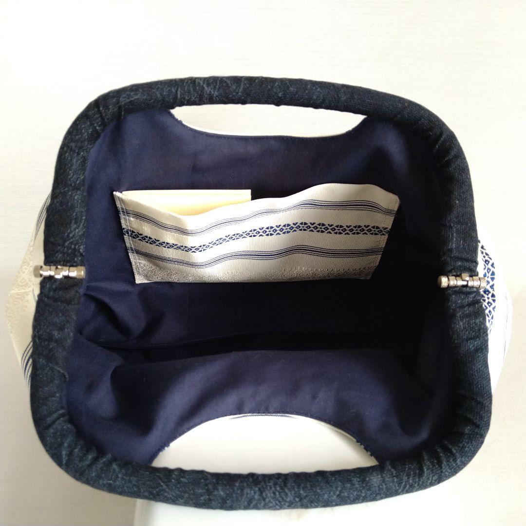 博多献上柄帯リメイク オフホワイト✕ネイビーデニム風 バネハンドルバッグ
