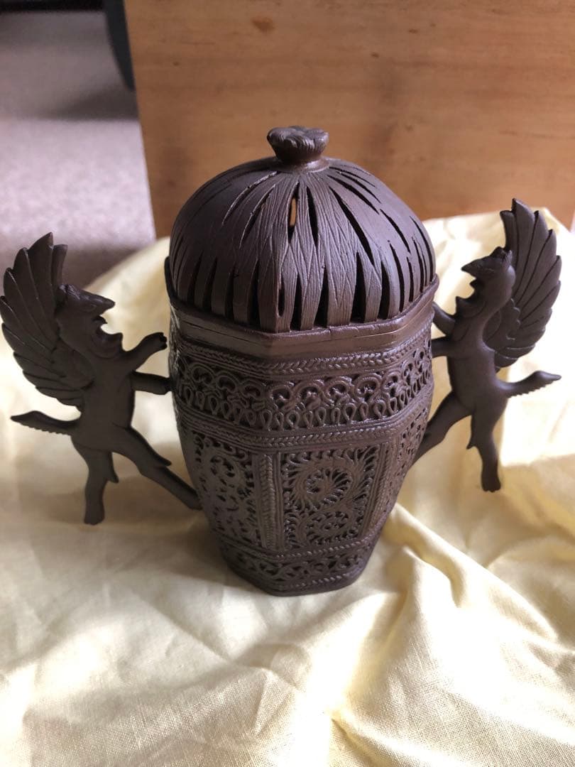 蠟型　鋳銅　麟鳳紋　香炉　長柄雅博作　共箱入