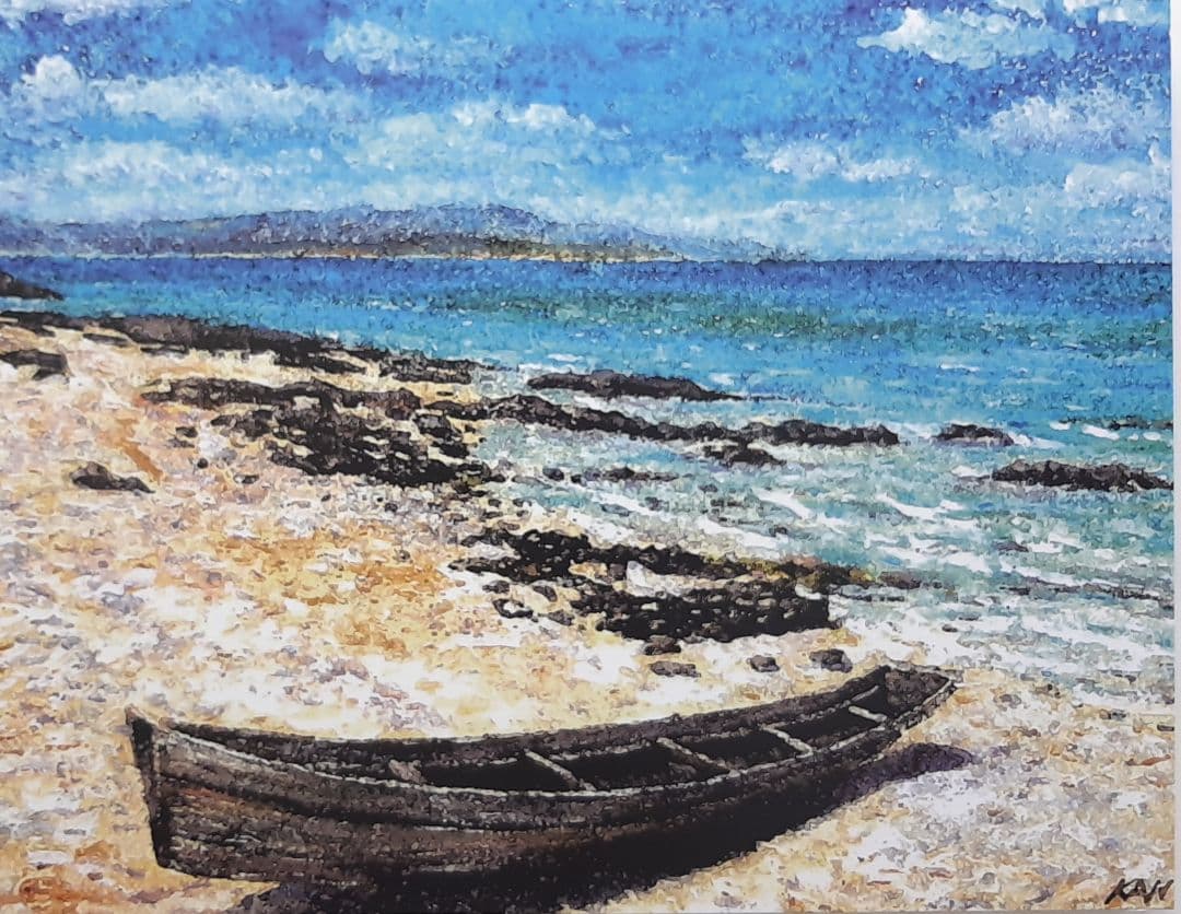 絵画　竹富島の海とサバニ