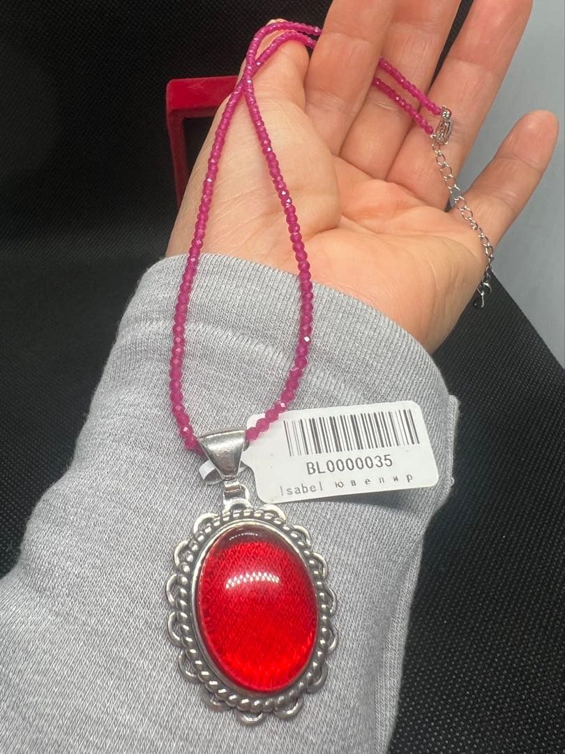 天然ポーランドの赤琥珀のペンダントトップにルビーのチェーンのセットs925使用