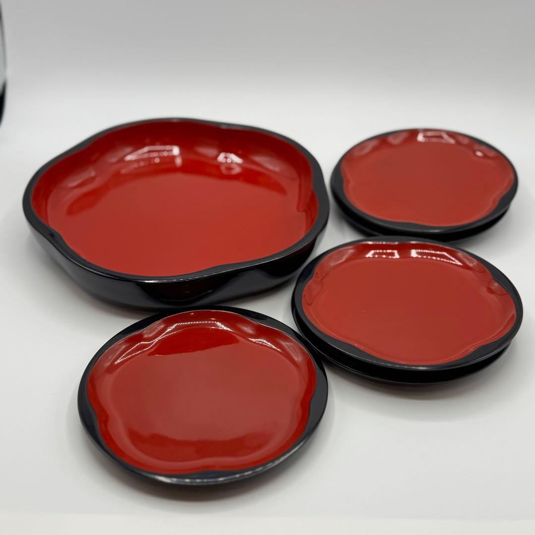 赤黒漆器 丸　梅型食器 6点セット