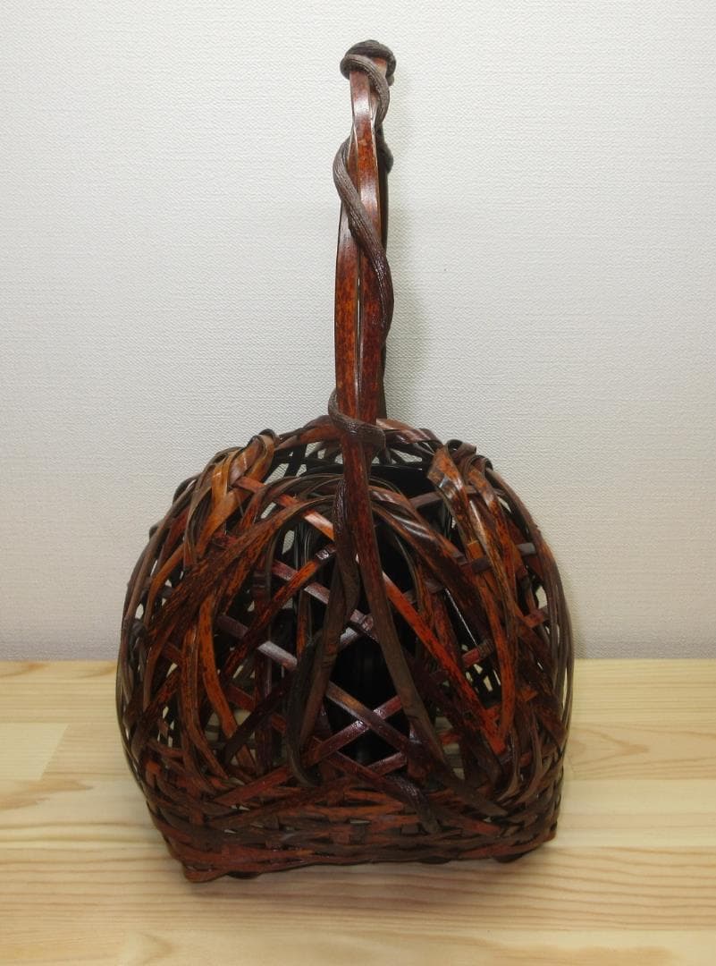 送料込【逢絢亭】茶道具 花籠 宗全籠 手付き 木製 正信作 紙箱入り