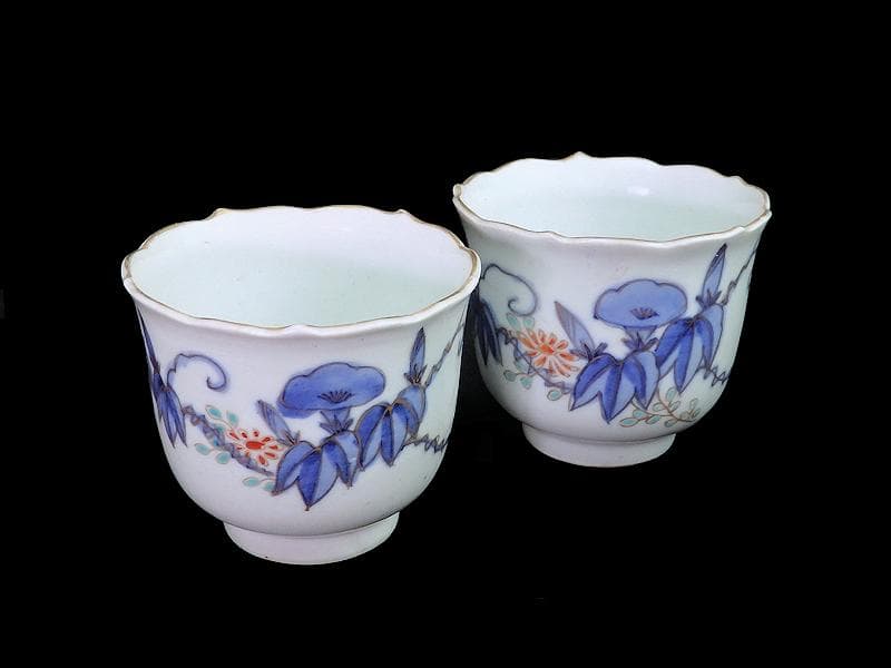 古伊万里　染錦　朝顔の図　向付　猪口　２客　E147AS-fbrg