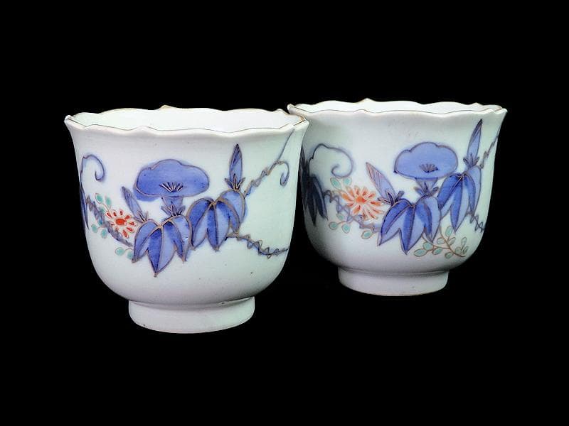 古伊万里　染錦　朝顔の図　向付　猪口　２客　E147AS-fbrg