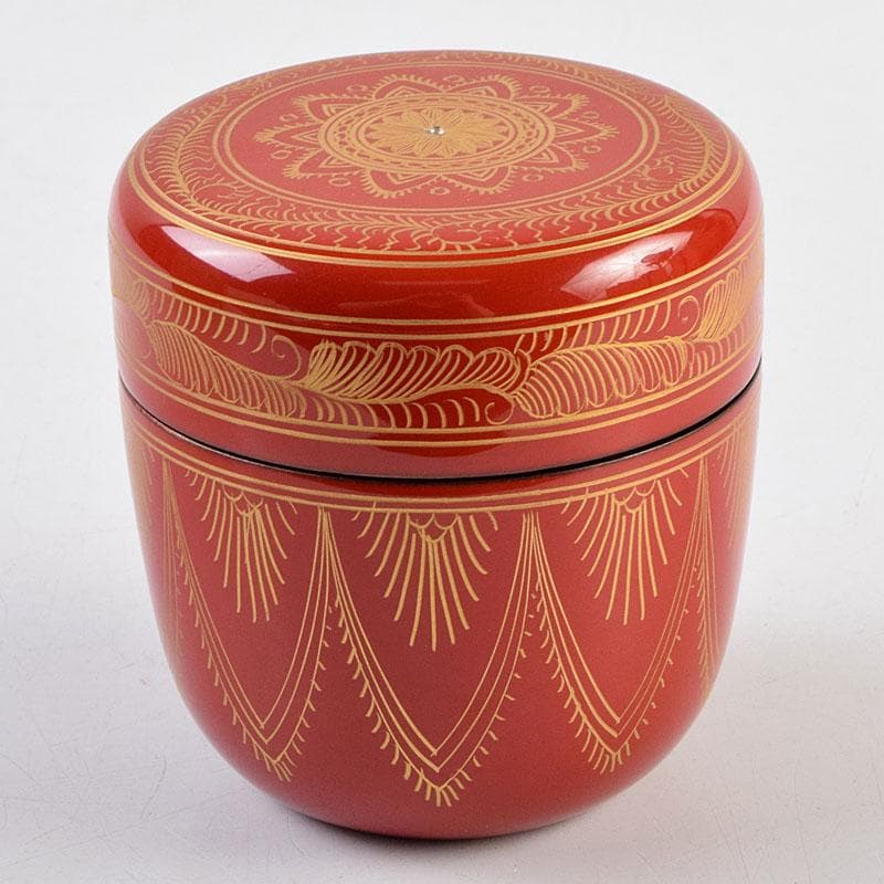 茶道具　蒔絵師　筑城筑良作　朱キンマ　中棗　共箱　V　9043