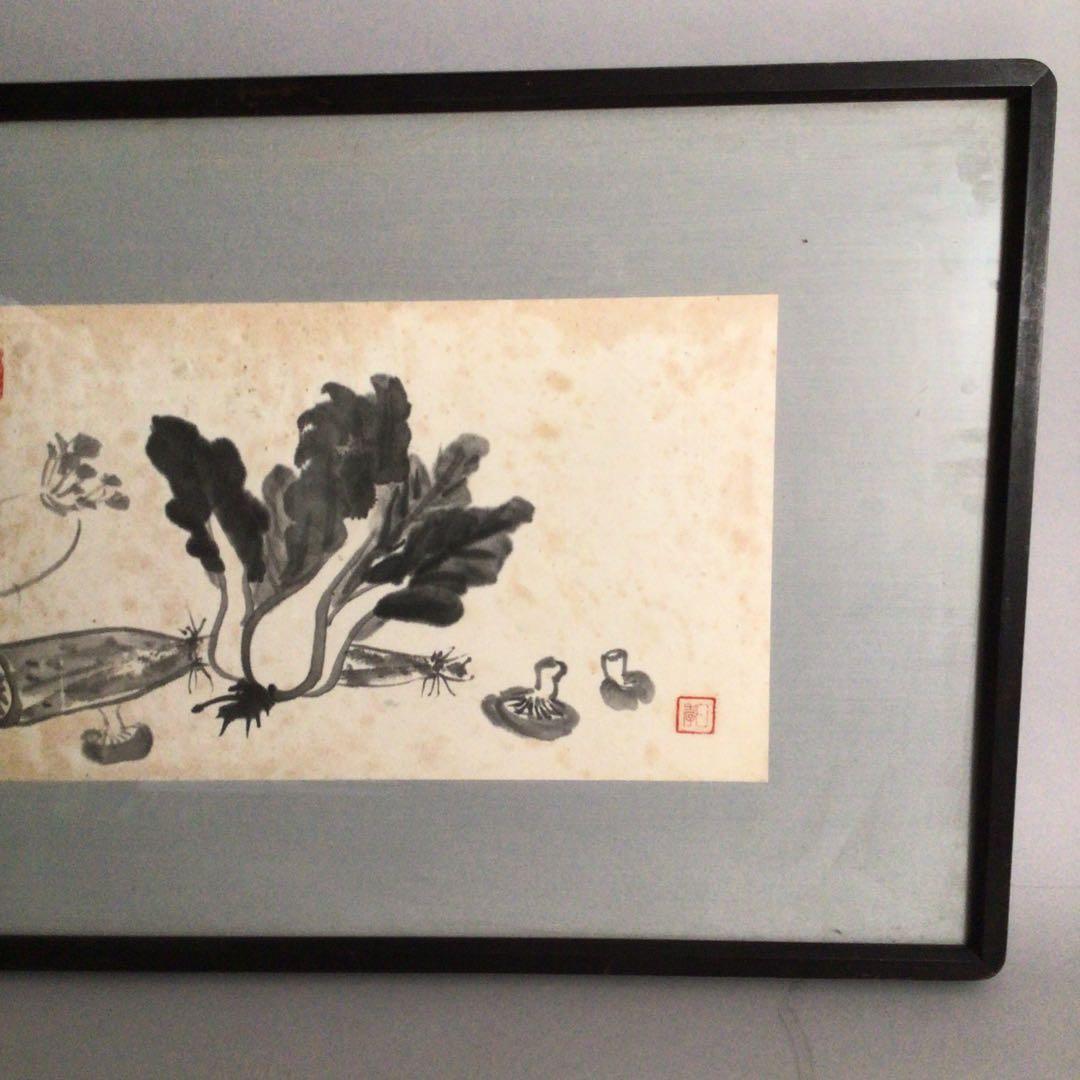 No3137  扁額装　在銘　日孝　宣義　款　水墨野菜画賛　日々是好日　送料無料