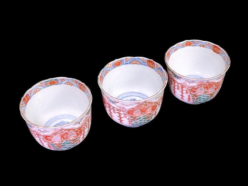 古伊万里　瓔珞紋に松竹梅　獅子に青海波の図　向付　３客　E766AS-fbtr