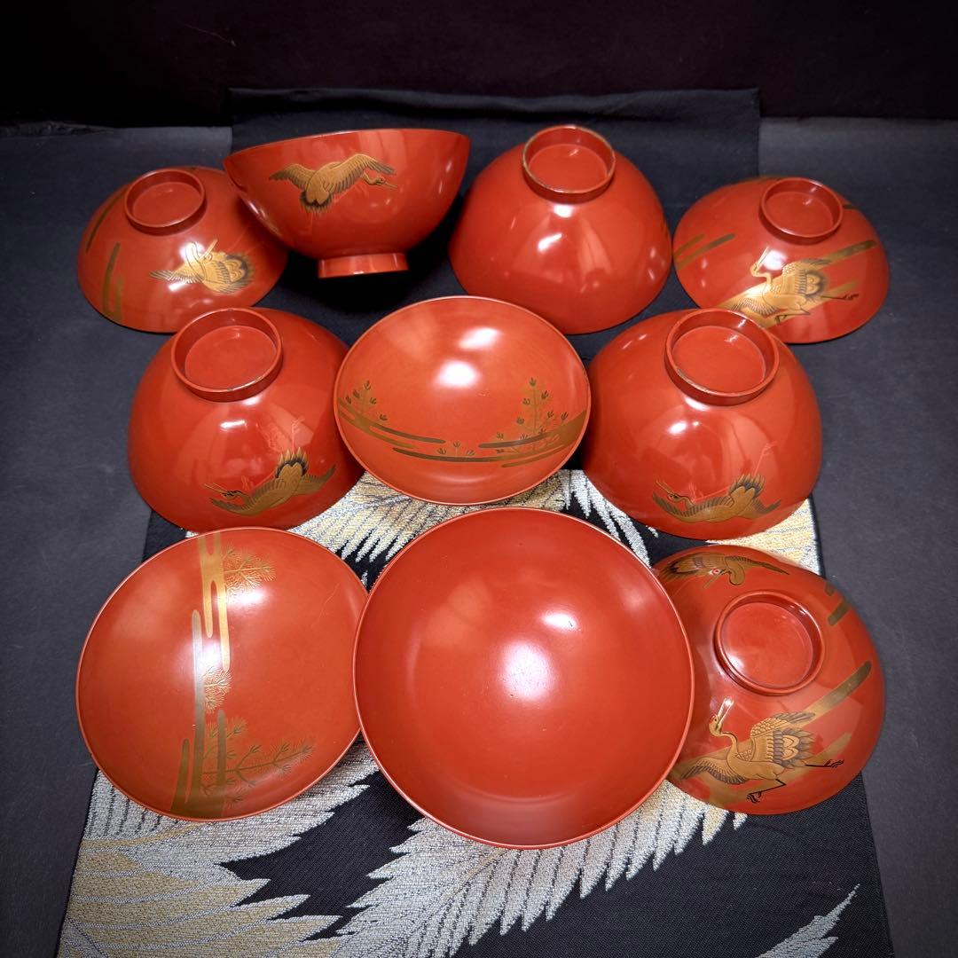 漆器　輪島塗　金蒔絵松鶴文　木製　蓋付椀　お煮物椀　吸物椀　5客　骨董品