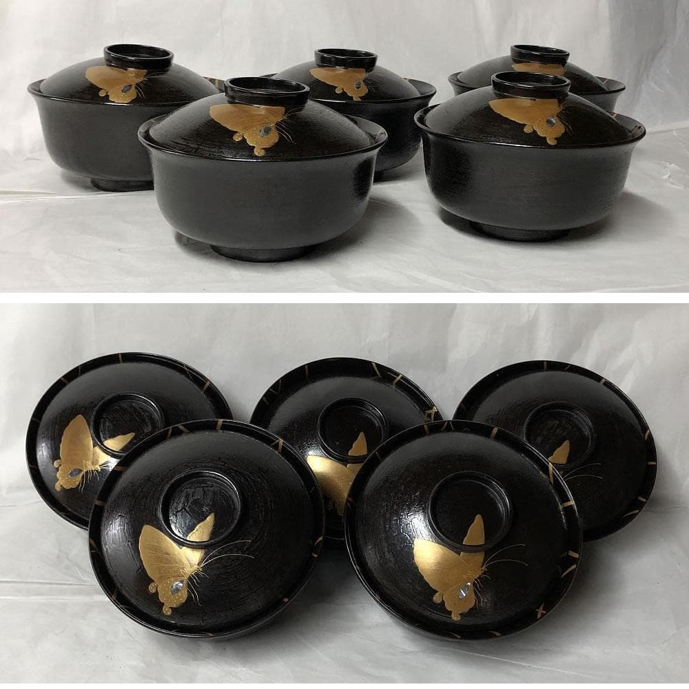 e2697 蝶蒔絵 煮物椀 五客 木箱入り 蒔絵 吸物椀 懐石道具