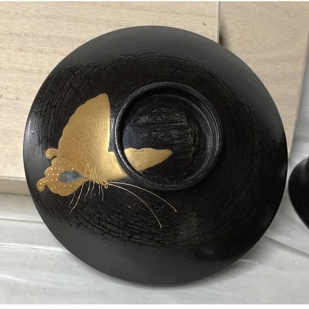 e2697 蝶蒔絵 煮物椀 五客 木箱入り 蒔絵 吸物椀 懐石道具