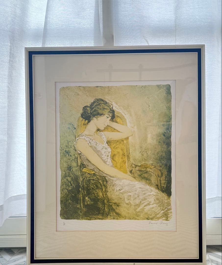 【真作】絵画　ベルナール・シャロワ　瞑想　肘掛け椅子の少女　リトグラフ　サイン