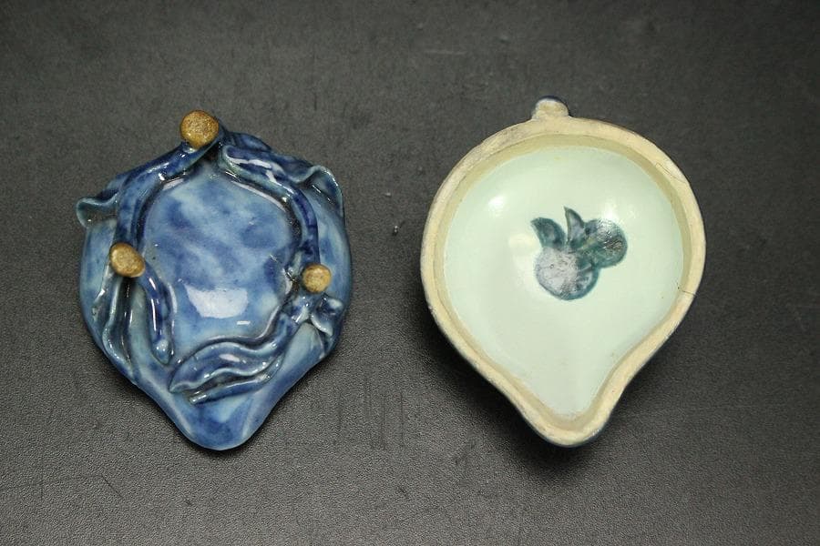 龍茶道具 中国美術 青花 果実 香合 古美術(AZ994)