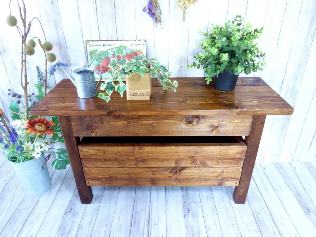 ハンドメイド ショートベンチ 収納ボックス (ダークチーク色)