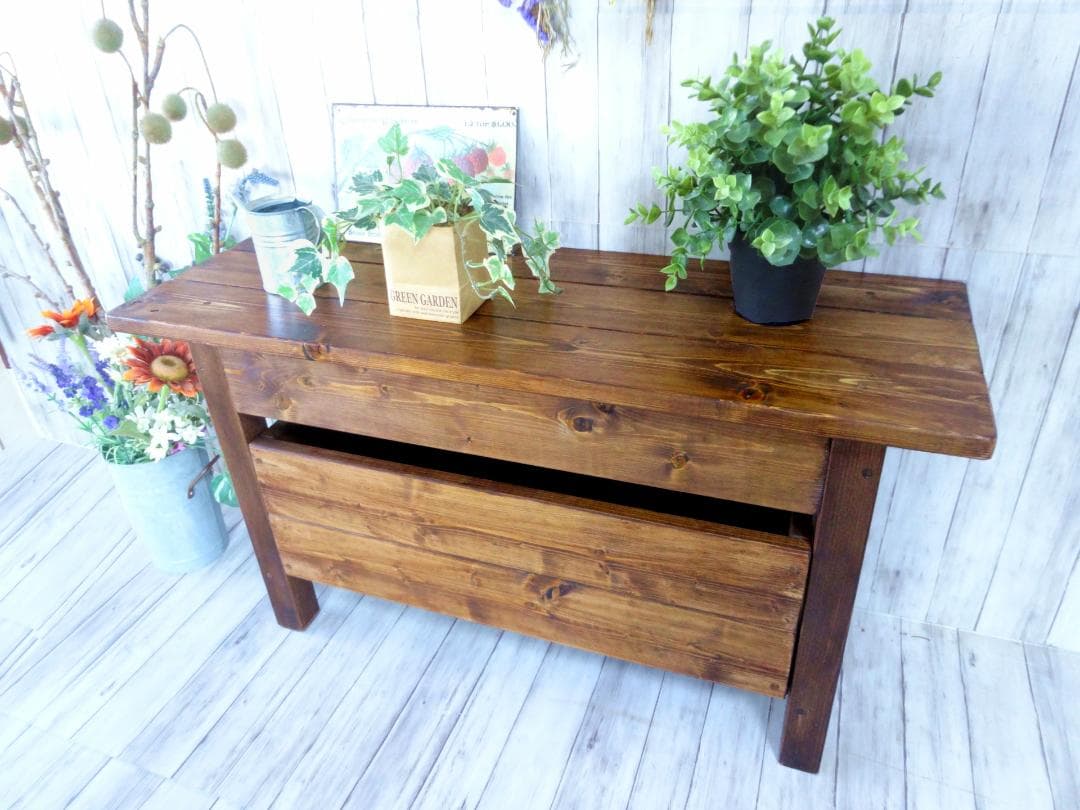 ハンドメイド ショートベンチ 収納ボックス (ダークチーク色)