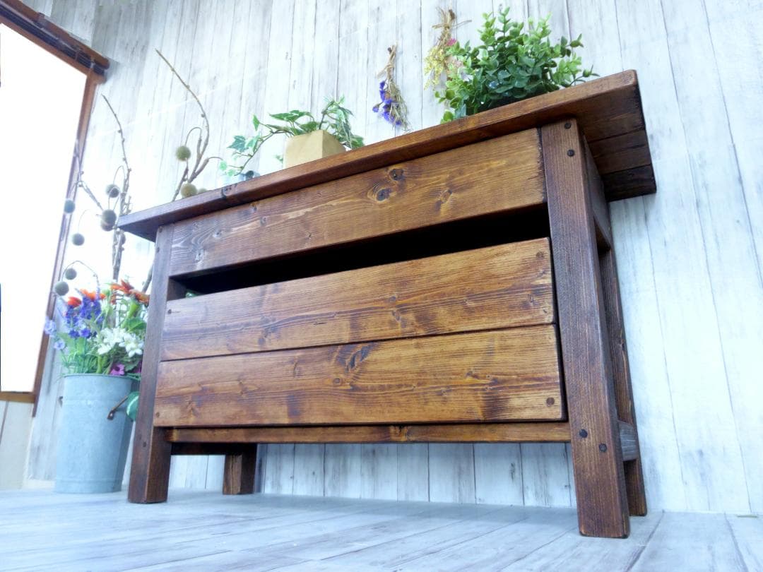 ハンドメイド ショートベンチ 収納ボックス (ダークチーク色)