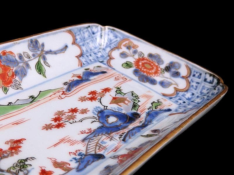 古伊万里　染錦　山水牡丹菊紋　長皿　柴田コレクション同手　E406AS-DBs