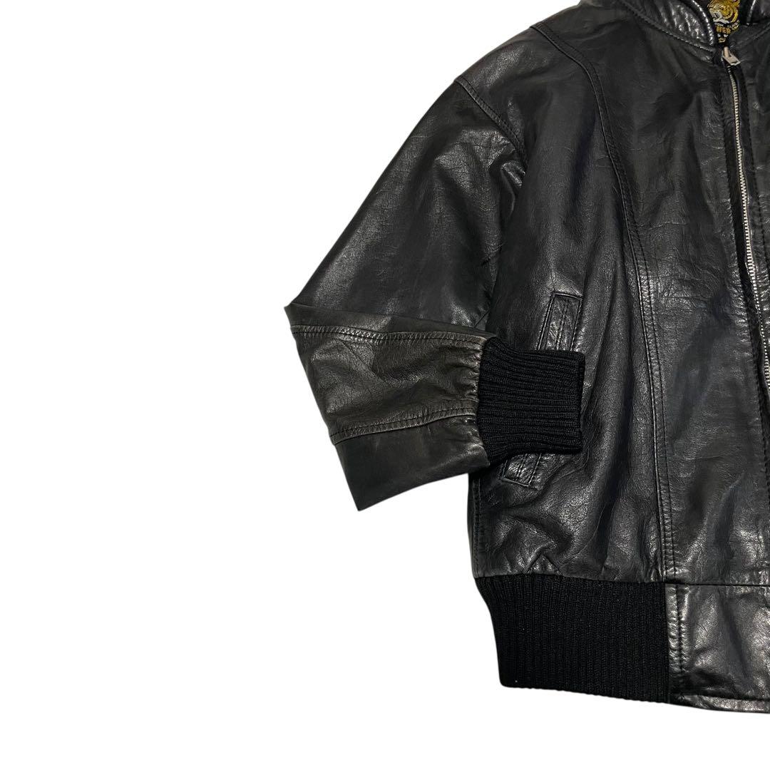 【vintage】本革 リアルレザーシングルライダースジャケット リブ切替 黒M