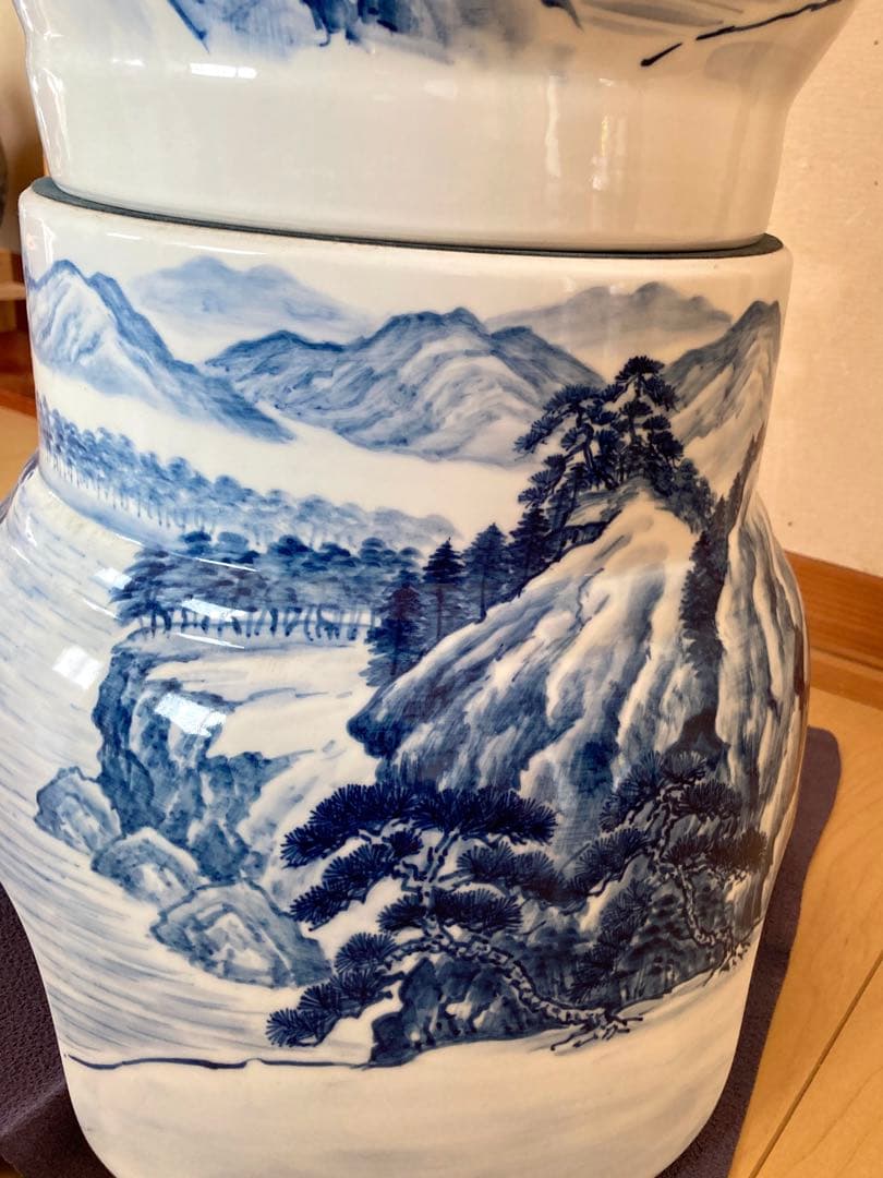 有田焼 藤井錦彩作 染付山水図 大壺 沈香壺 伝統工芸美術 陶磁器 和物骨董