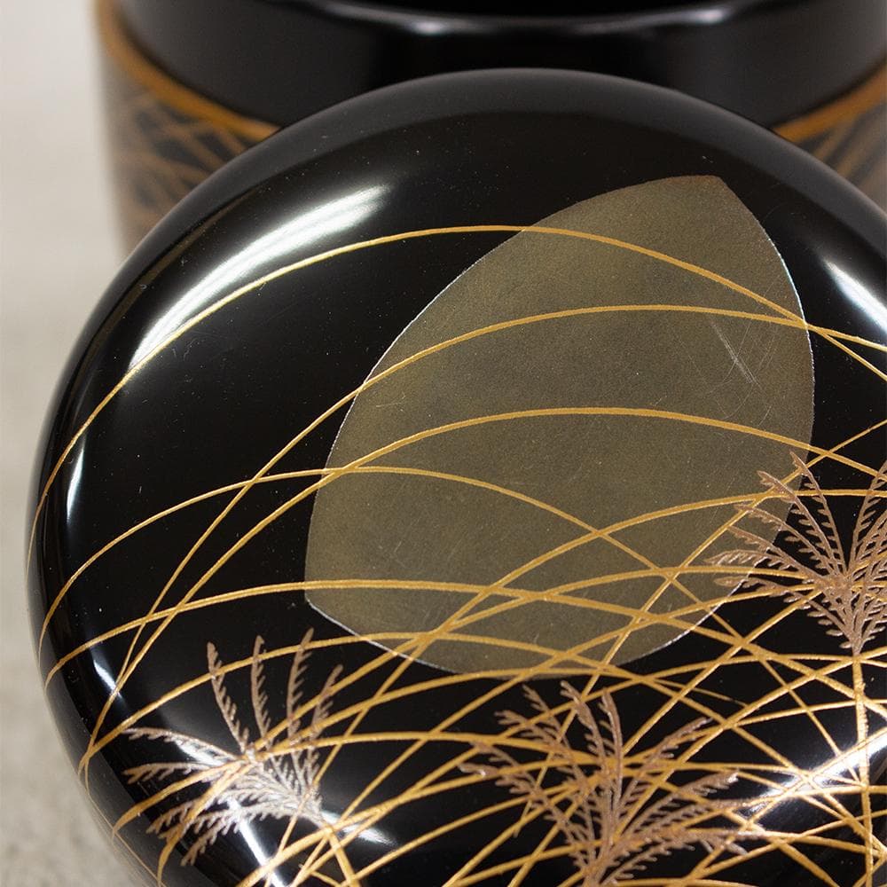 岡本漆専堂 棗 月にすすき 黒塗蒔絵銀彩 茶道具 共箱