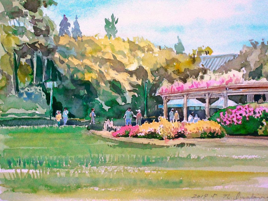 公園の風景 水彩画 金色フレーム付き F6サイズ