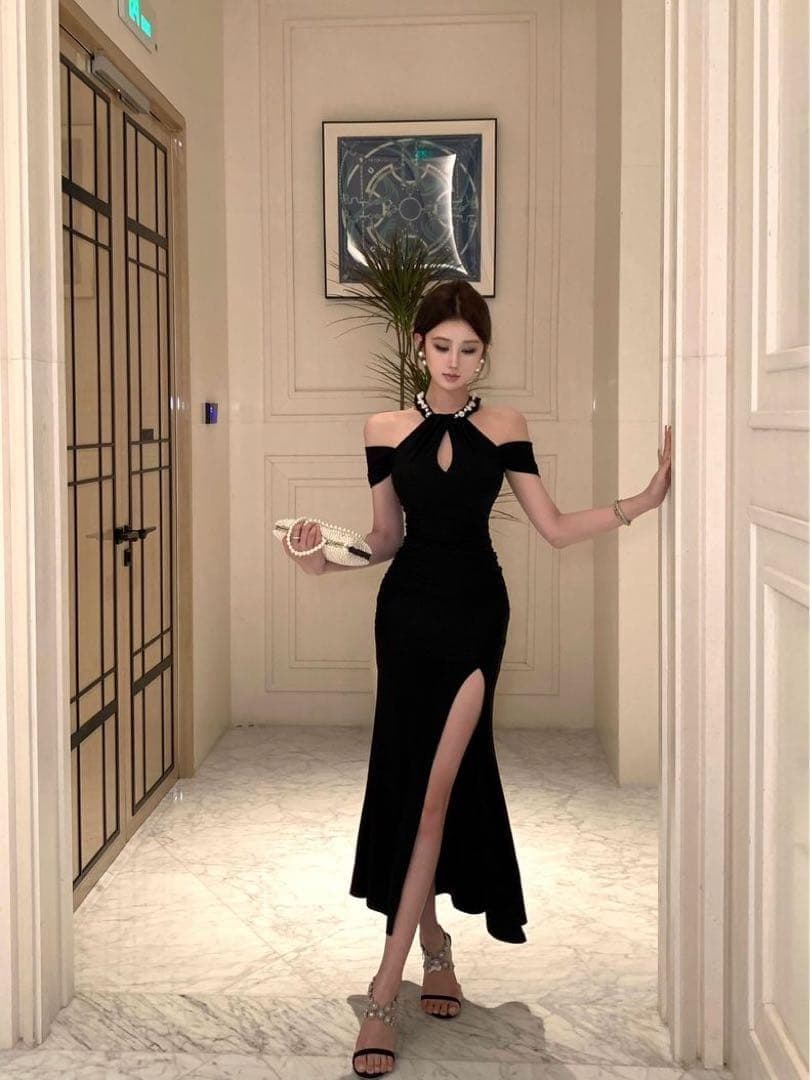 韓国 服 レディース ワンピース 黒 パーティードレス ロング 人気 スリット