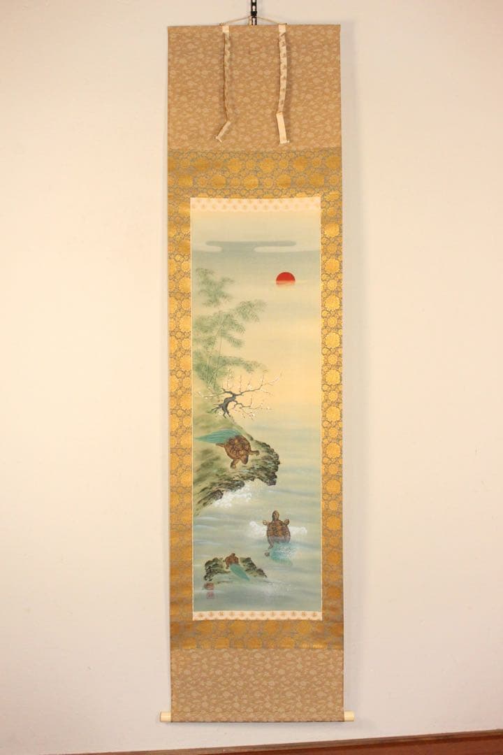 No5313 掛軸　双幅　銘有　国井孝雪　鶴亀之図　絹本　共箱　縁起物　送料無料