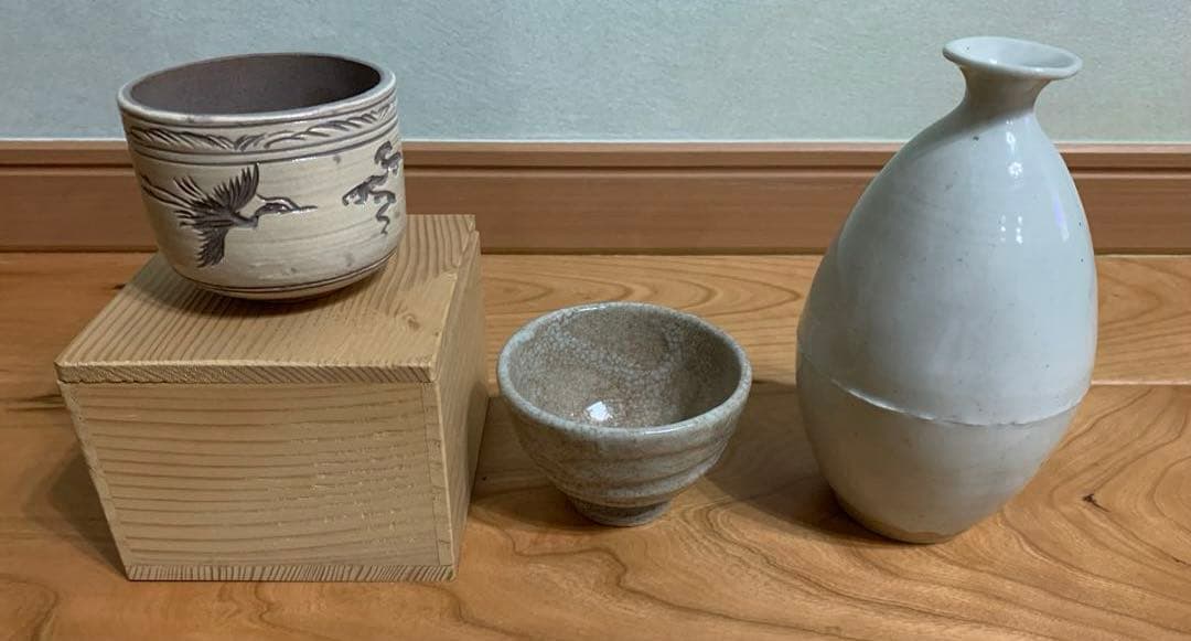 晩酌セット3点：①徳化窯白瓷胴継瓶/②池順鐸作ぐい呑/③池順鐸 作？ぐい呑