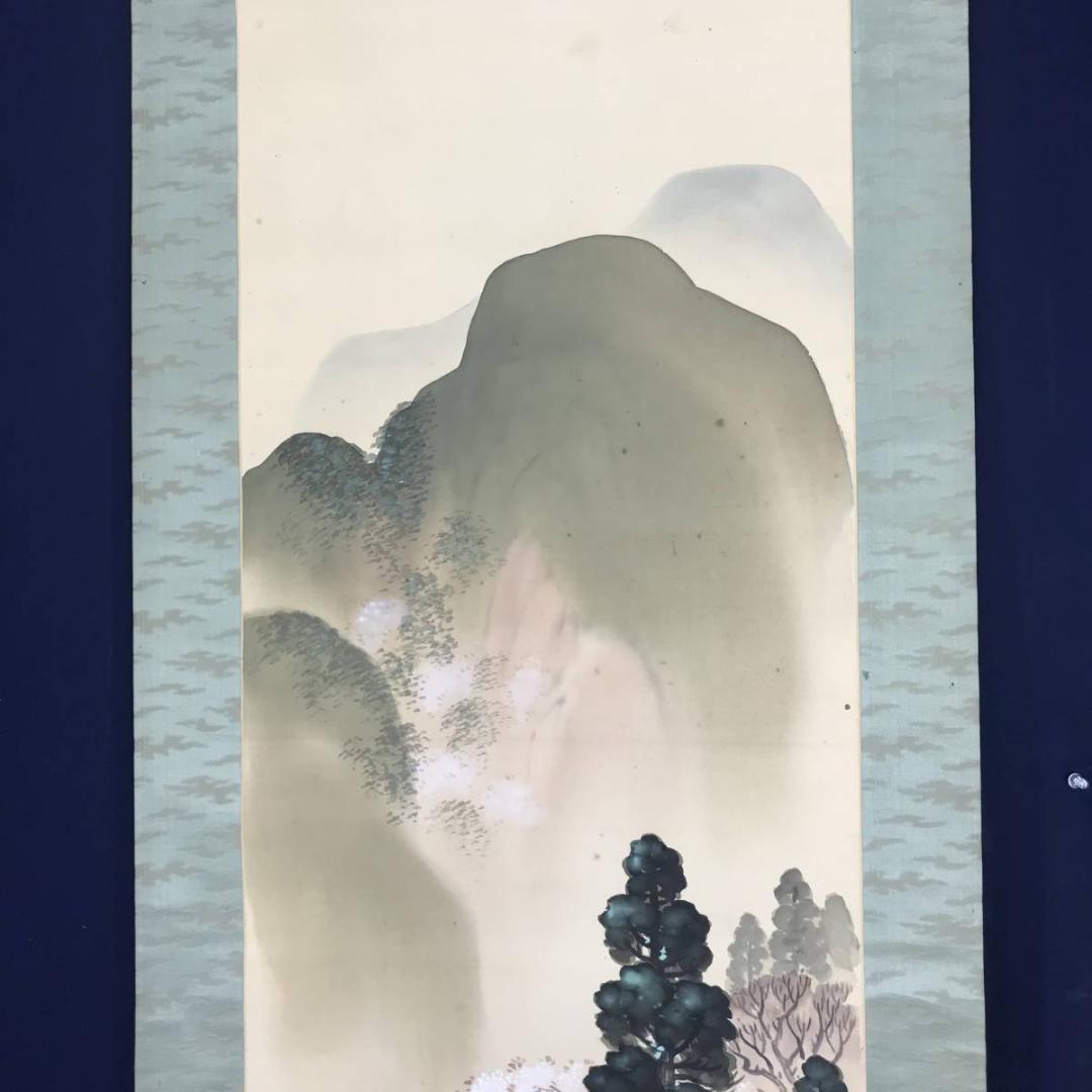 【真作】井江耕宗/青緑桜花山水図/掛軸☆宝船☆AB-554