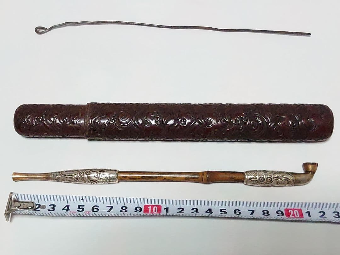 時代物 煙管 煙草入 煙管筒 金口 細工 彫刻 一式 骨董 アンティーク