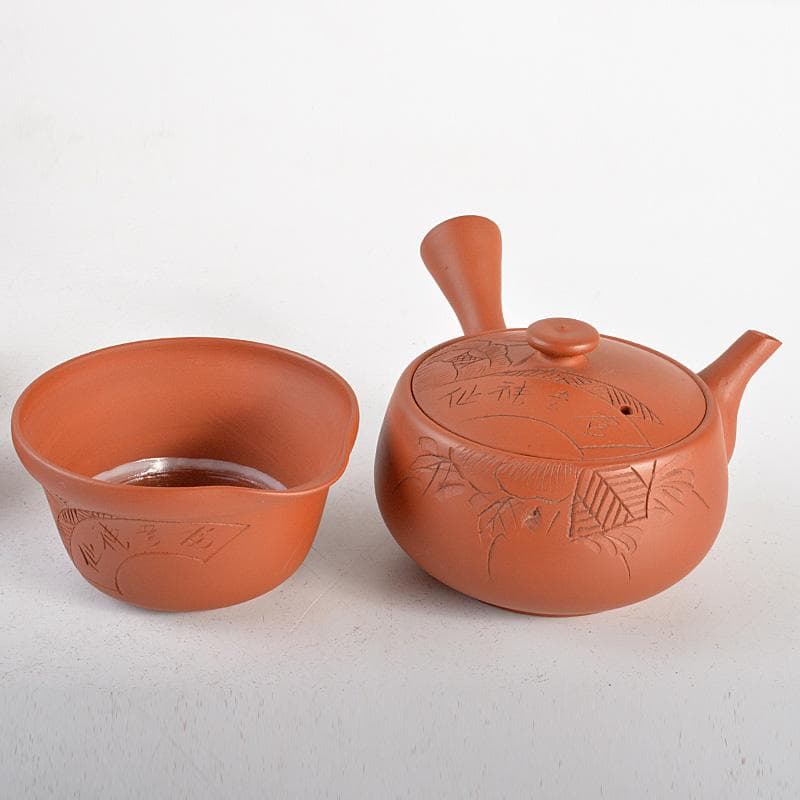 朱萬古焼　白雲陶園　朱泥　急須　湯冷　煎茶碗五客　煎茶器揃　共箱　6203C