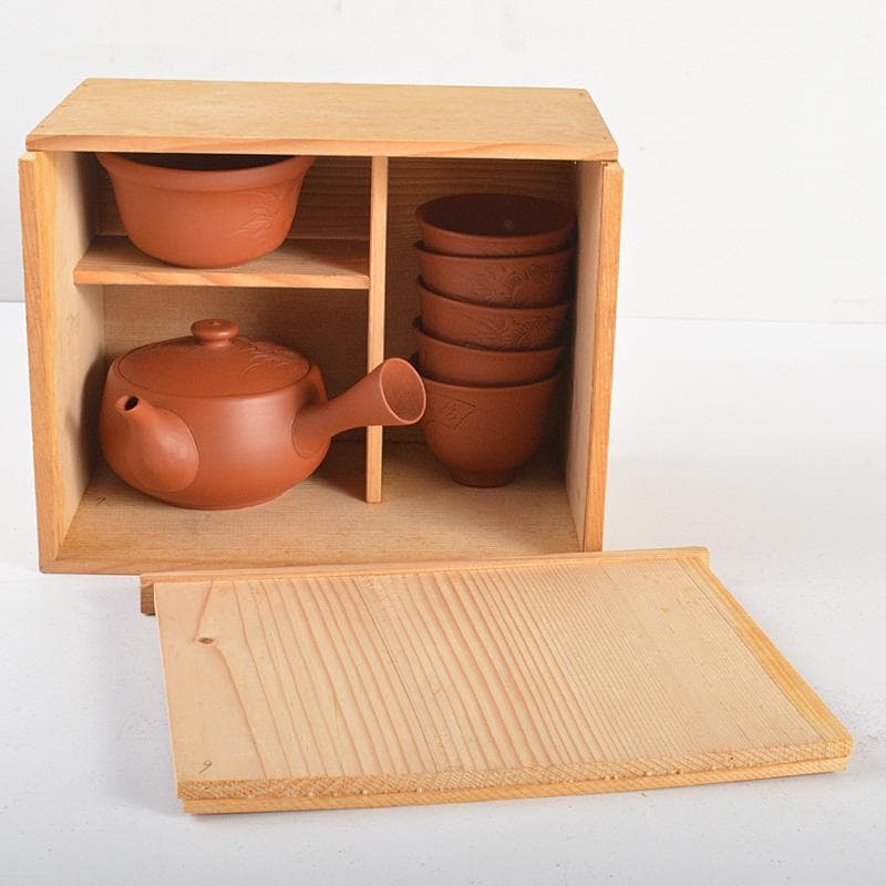 朱萬古焼　白雲陶園　朱泥　急須　湯冷　煎茶碗五客　煎茶器揃　共箱　6203C