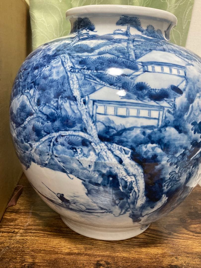 加藤芳州 染付山水大壺共箱共布 無形文化財保持者 楼閣山水文人画 骨董古美術