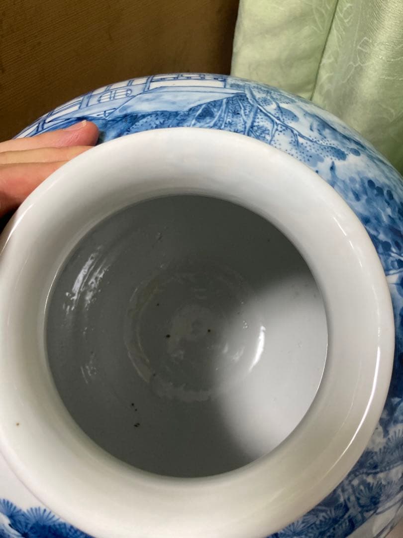 加藤芳州 染付山水大壺共箱共布 無形文化財保持者 楼閣山水文人画 骨董古美術