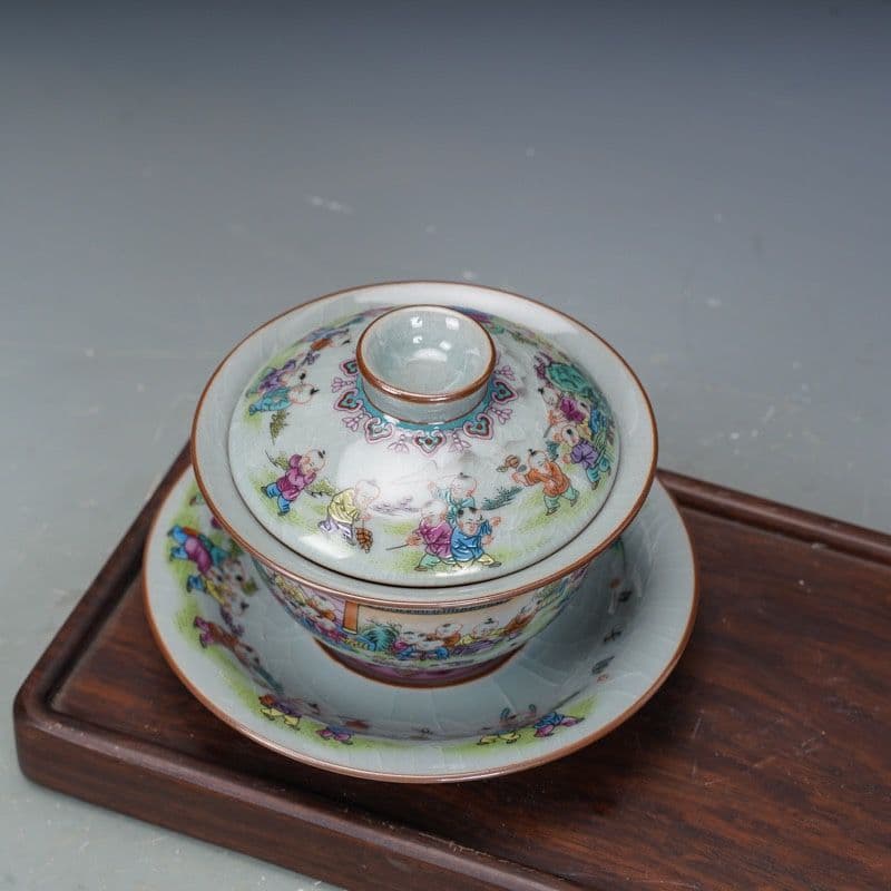 景徳鎮 陶磁器 百子図三才蓋碗 茶碗 茶道具 煎茶器 新品未使用