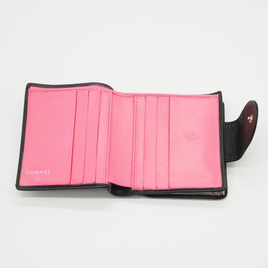 CHANEL シャネル カンボンライン コンパクト 二つ折り財布 黒×ピンク
