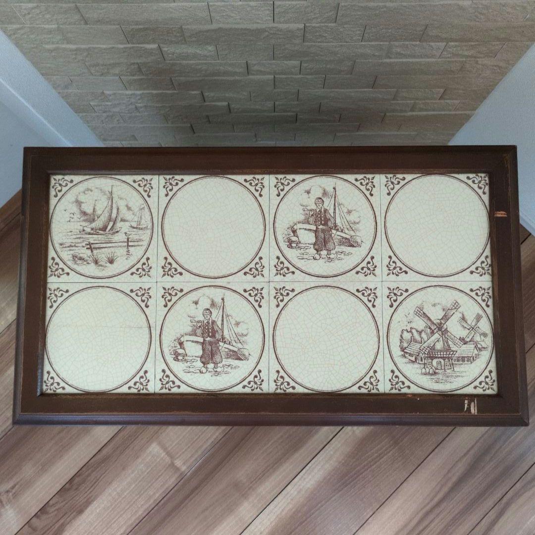 ドイツ製　天板タイル　木製　キャスター付マガジンラック　サイドテーブル