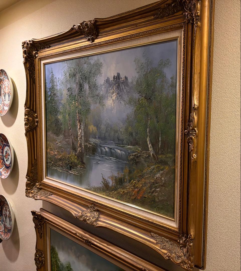 大迫力 アンティーク油彩 M30号 大型額装 山水画