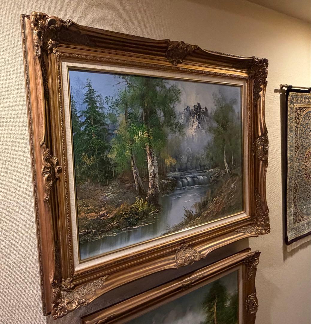 大迫力 アンティーク油彩 M30号 大型額装 山水画