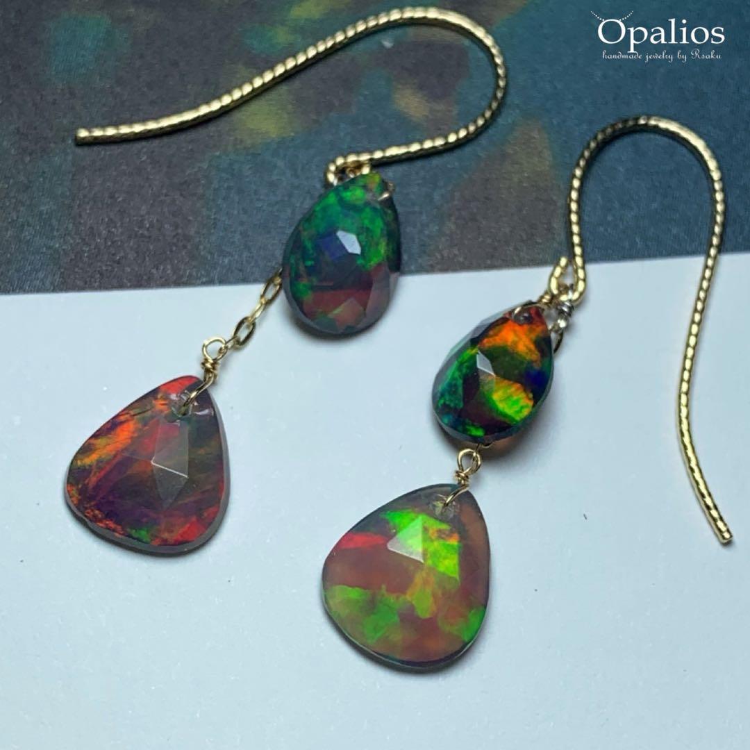 宝石質ブラックカラープレシャスオパール 2種カットK10ロングフックピアス