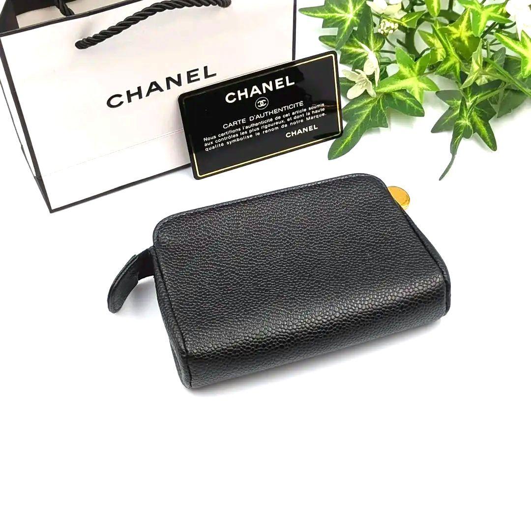 CHANEL　シャネル　ブラックレザー ミニポーチ ケース　コスメポーチ