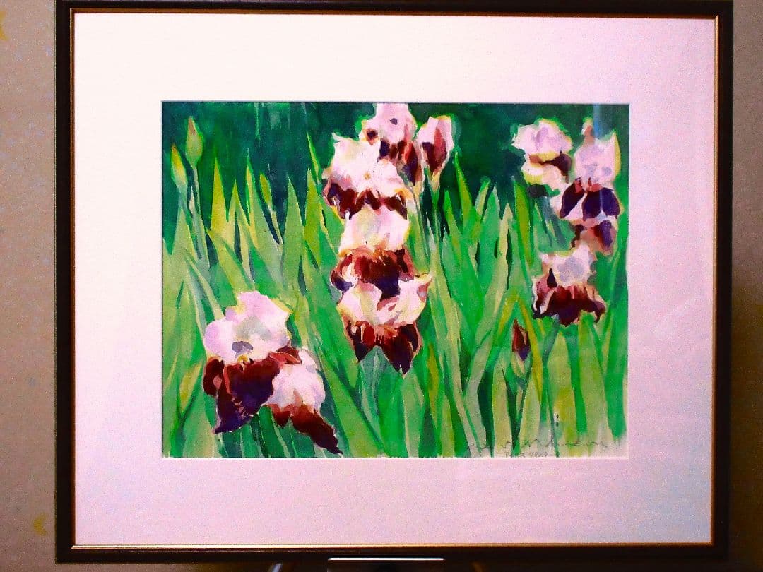アイリスの水彩画額装済み